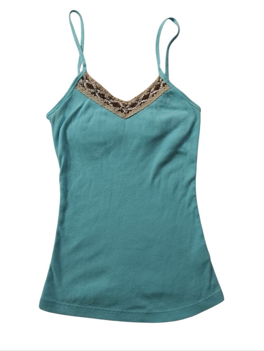 Y2K Blue Brown Crochet Trim Tank Top Sz XS